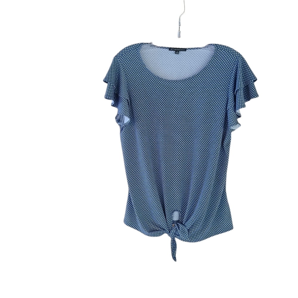 Adrianna Papell Blue Polka Dot Flutter Sleeve Tie Front Blouse Small
